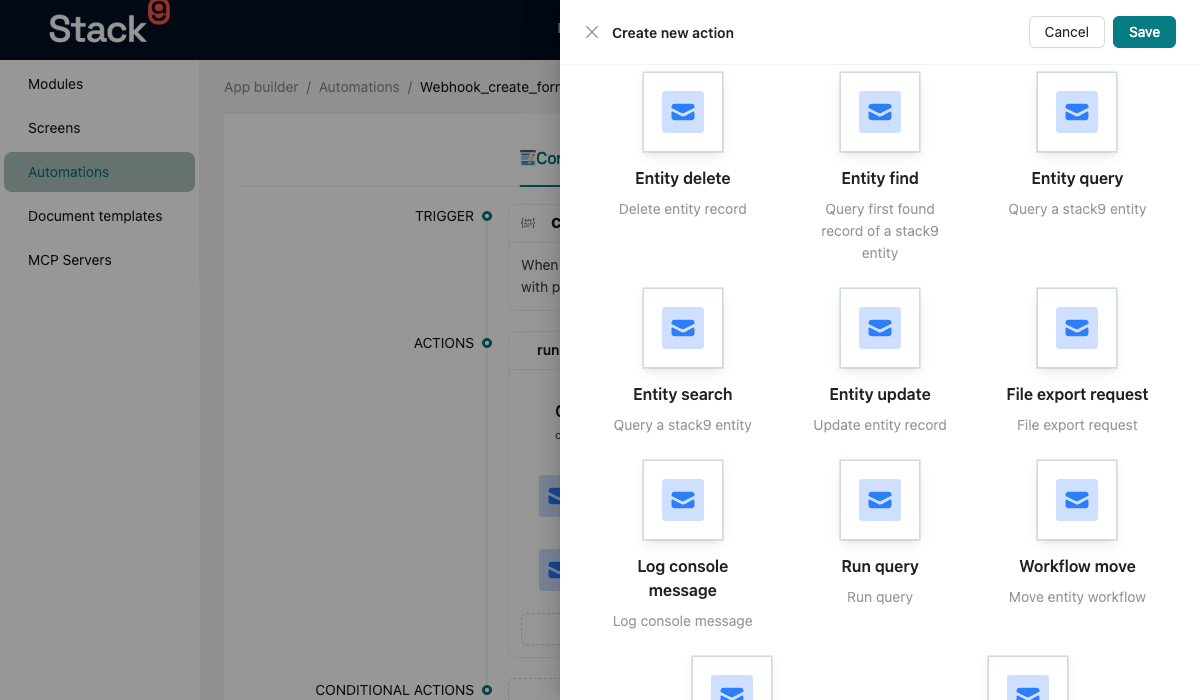 Stack9 Console — automation detail screen with an action selected, showing the action type picker and the generated parameter inputs for that action type