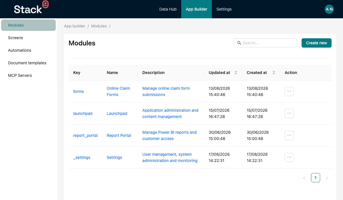 Stack9 Console — Modules list screen under App Builder showing the registered apps with key, name, description and updated-at columns plus the create app button