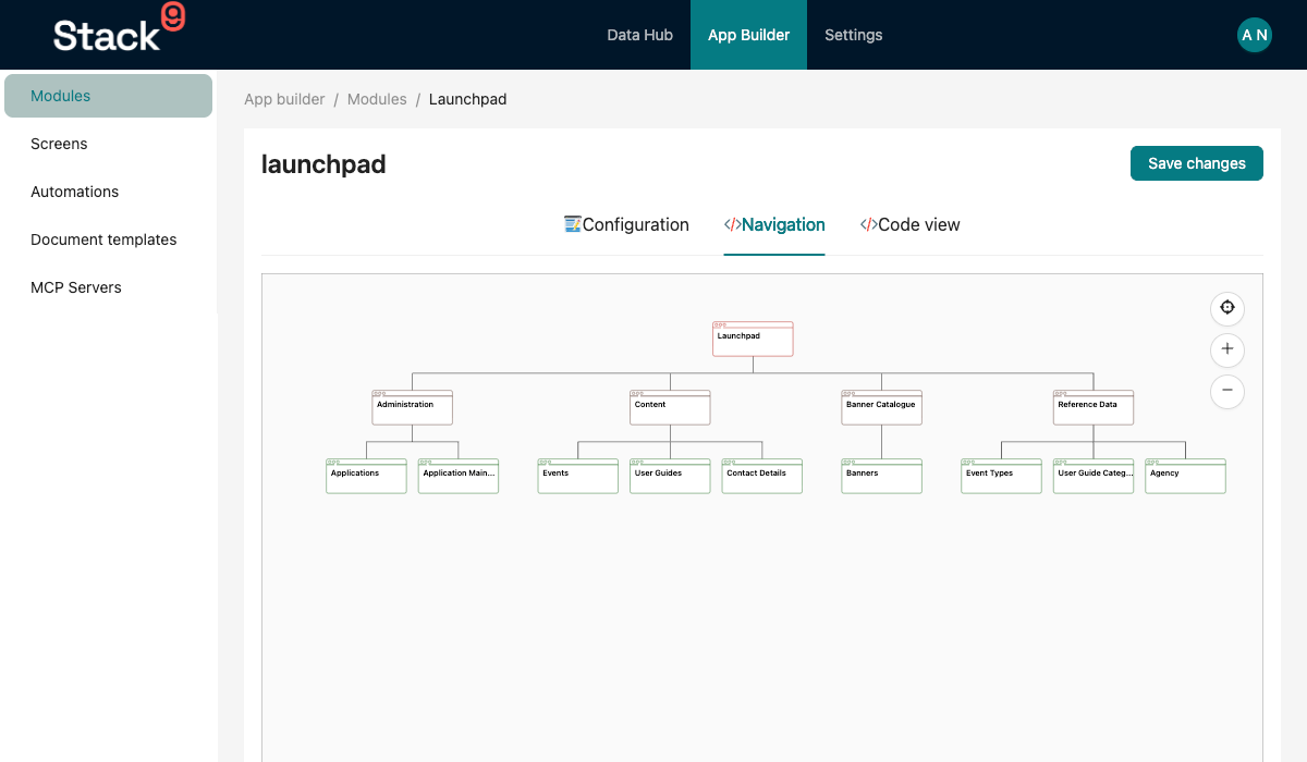 Stack9 Console — App detail screen with the Navigation tab open showing the nested tree of app node, menu groups and links, next to the Configuration and Code view tabs