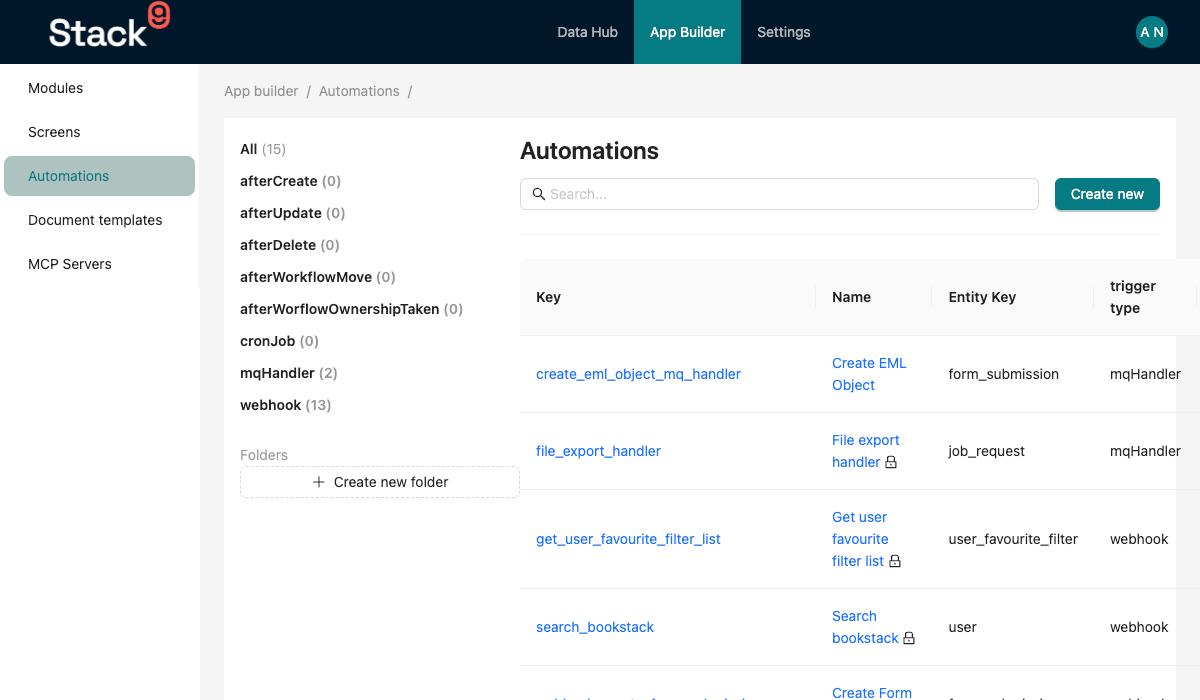 Stack9 Console — Automations list screen under App Builder showing automations with name, key, entity, trigger type and app columns