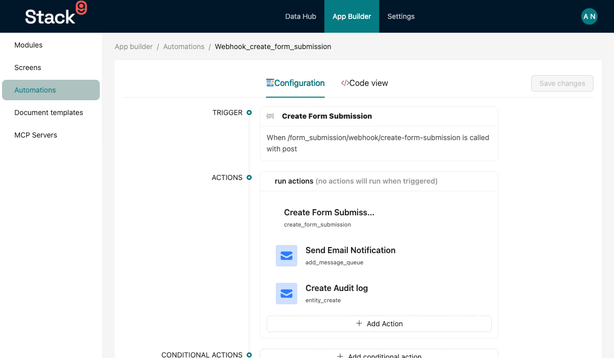 Stack9 Console — automation detail screen showing the key, name, entity and trigger type fields alongside the ordered list of actions in the workflow