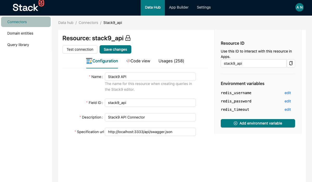 Stack9 Console — Connector detail screen with the Configuration, Code view and Usages tabs open on Configuration, showing key, name, type and connection fields