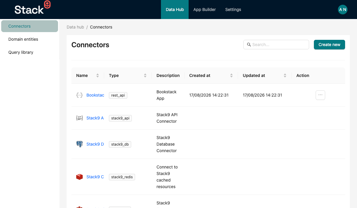 Stack9 Console — Connectors list screen under Data Hub showing configured connectors with name, type, description and created/updated columns plus the add connector button