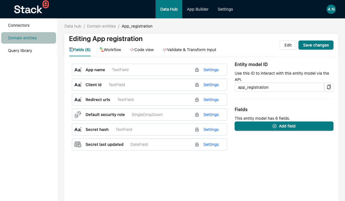 Stack9 Console — Domain Entity detail screen with the field editor listing entity fields and a side panel showing label, key, field type, validation rules and behaviour options