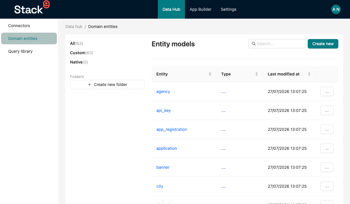 Stack9 Console — Domain Entities list screen under Data Hub showing registered entities with name, key, pluralised name and active status columns