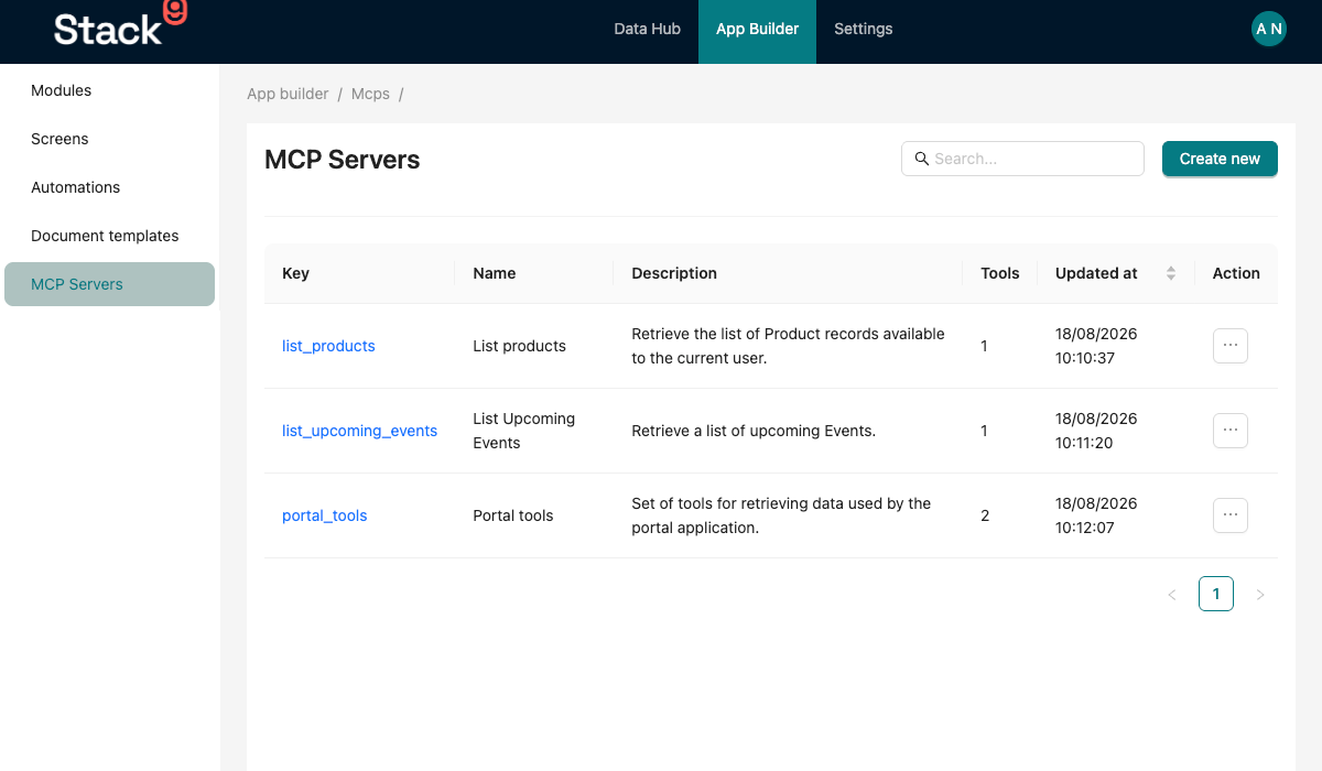 Stack9 Console — MCP list screen under App Builder showing configured MCP servers with key, name, description, tool count and last-updated columns
