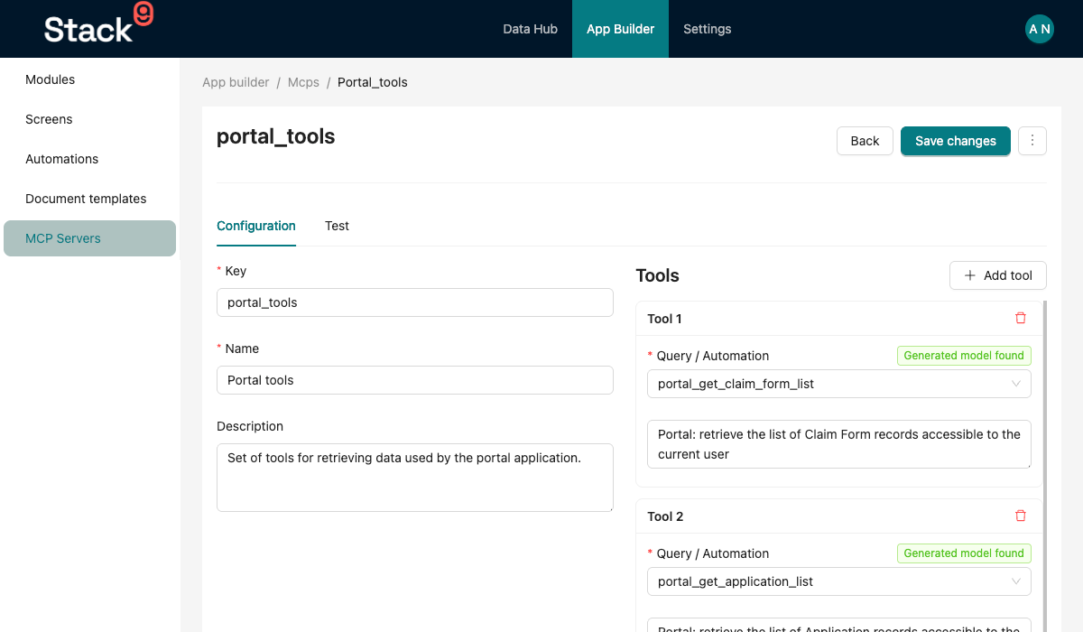 Stack9 Console — MCP detail and authoring screen with the Configuration tab, key/name/description fields on the left and a repeatable list of tool cards on the right
