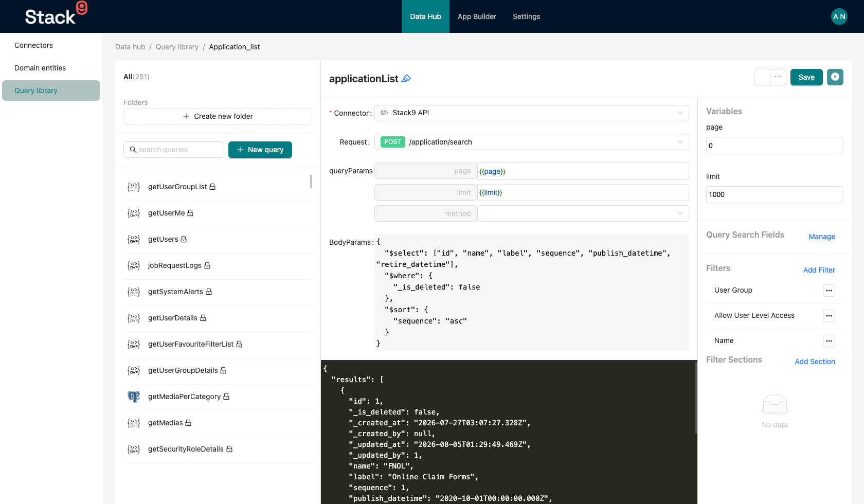 Stack9 Console — Query Library editor for a single query showing the connector selector, method and path fields, the queryTemplate JSON editor and the Run response panel