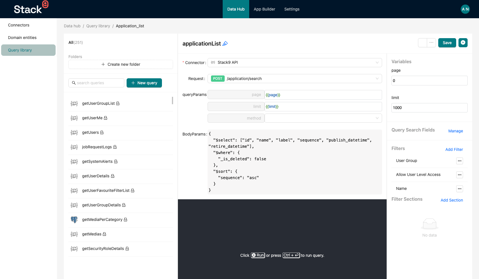 Stack9 Console — Query Library screen under Data Hub with the searchable query list and folders in the left sidebar and the selected query open in the centre