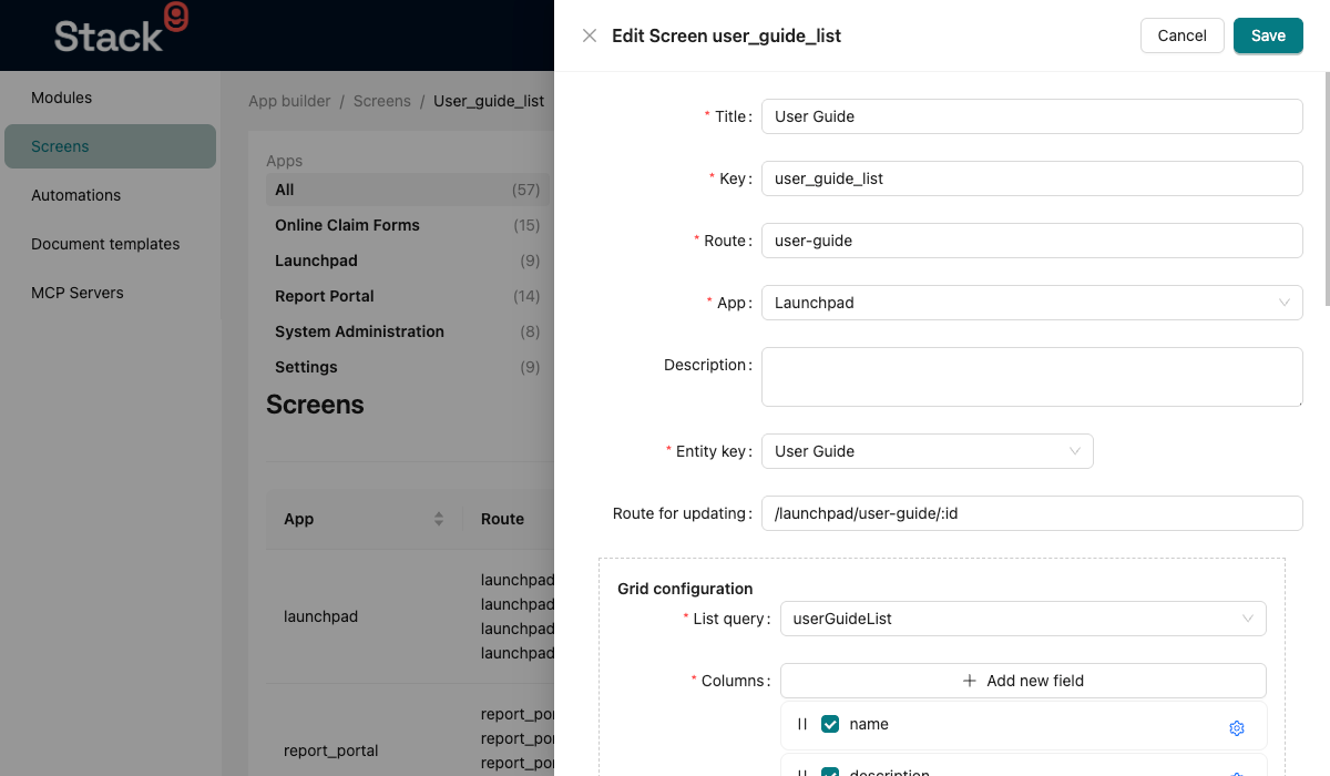 Stack9 Console — screen designer detail view with the head fields (title, key, route, app), the screen type selector and the columns configuration panel for a list view