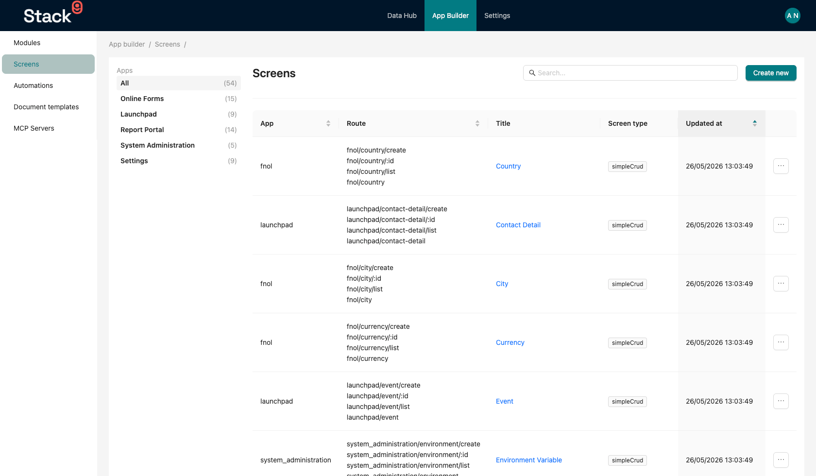 Stack9 Console — Screens list screen under App Builder showing configured screens with title, key, route, screen type and app columns