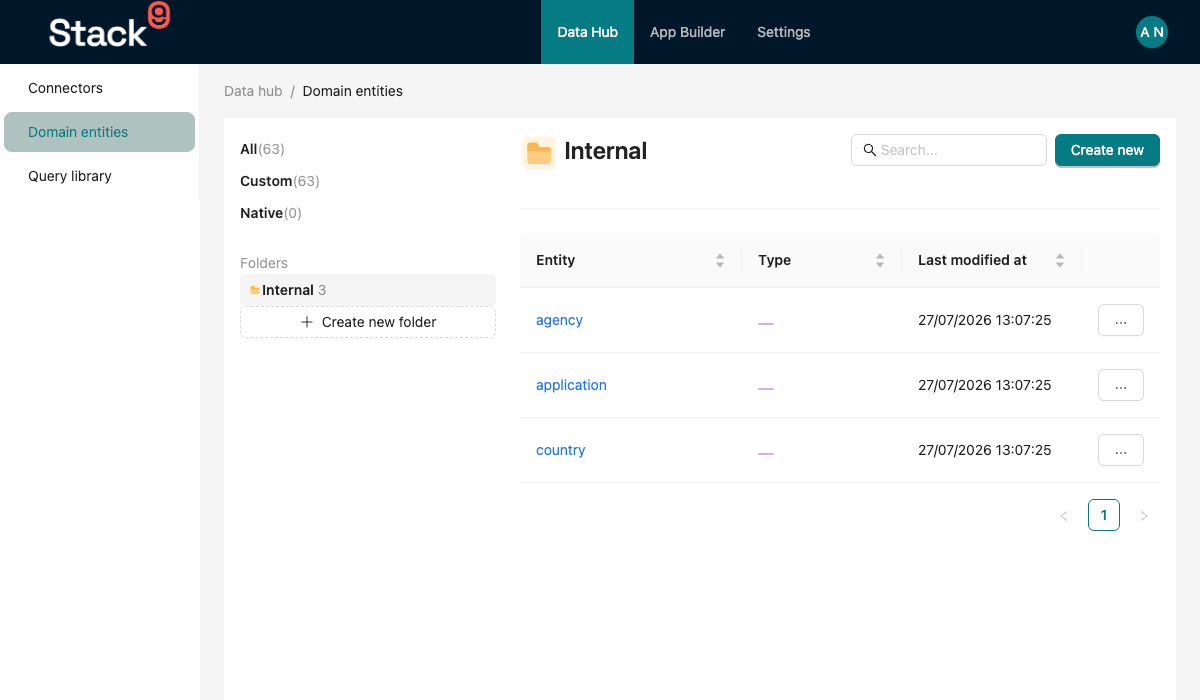 Stack9 Console — Domain Entities list under Data Hub showing configured entities with key, name and field count, alongside the left-hand Data Hub, App Builder and Settings navigation