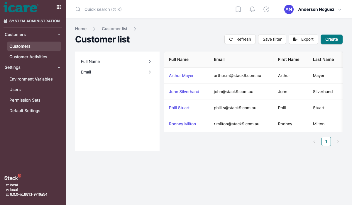 Stack9 app — the generated Customers list screen running at localhost:3333 with First Name, Last Name, Email, Phone and Active columns, search box and Create button