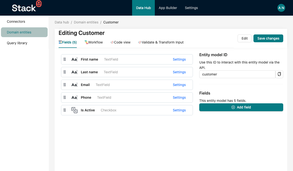 Stack9 Console — Domain Entities detail for the Customer entity in Data Hub showing the generated first_name, last_name, email, phone and is_active fields with their types