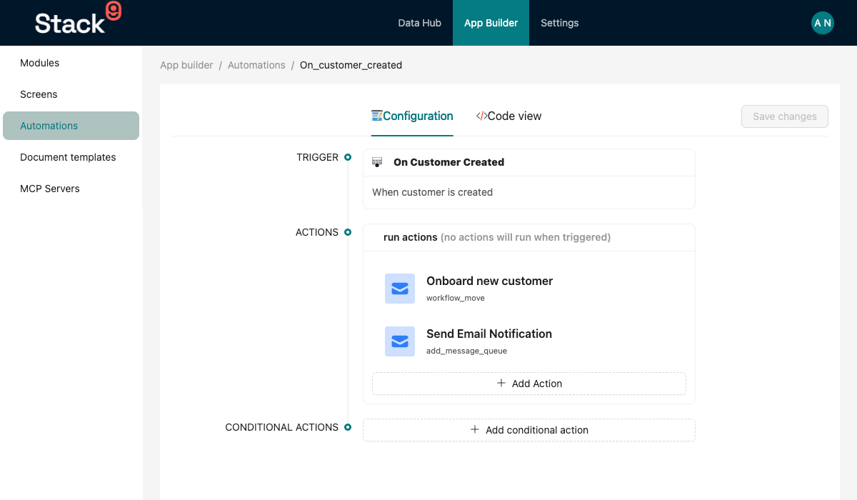 Stack9 Console — Automations detail for the When Customer Created automation under App Builder showing the afterCreate trigger on the customer entity and its three sequential actions
