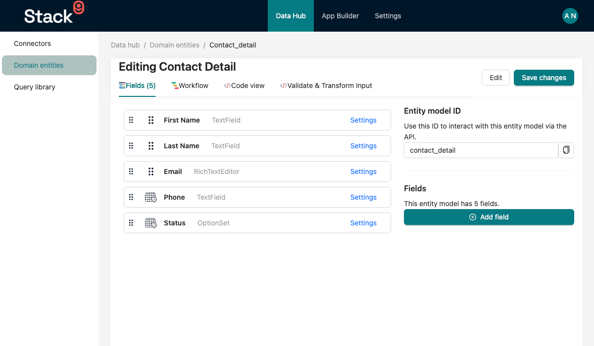 Stack9 Console — Domain Entities detail for the Contact entity in Data Hub with the field editor listing first_name, last_name, email, phone and the status OptionSet field
