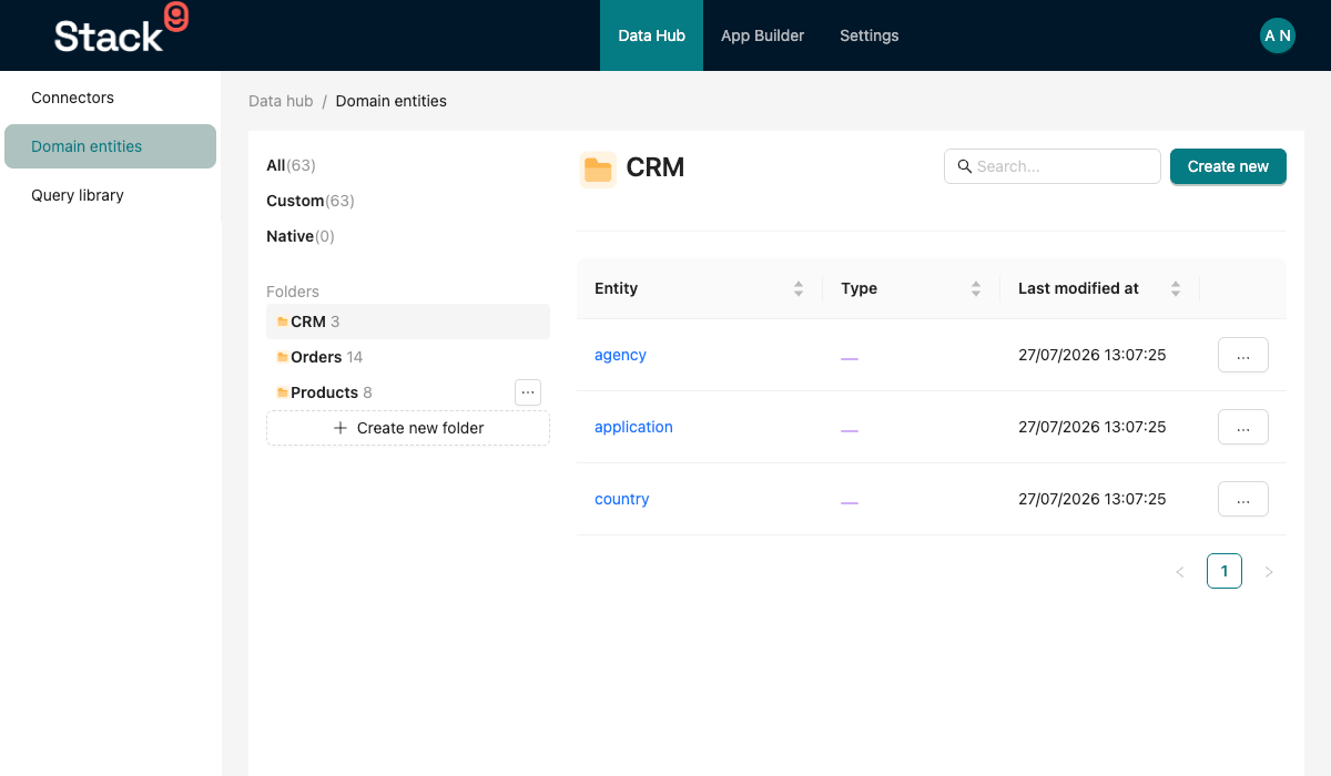 Stack9 Console — Domain Entities list in Data Hub grouped into the CRM, Products and Orders folders, with the Customer entity sitting under CRM