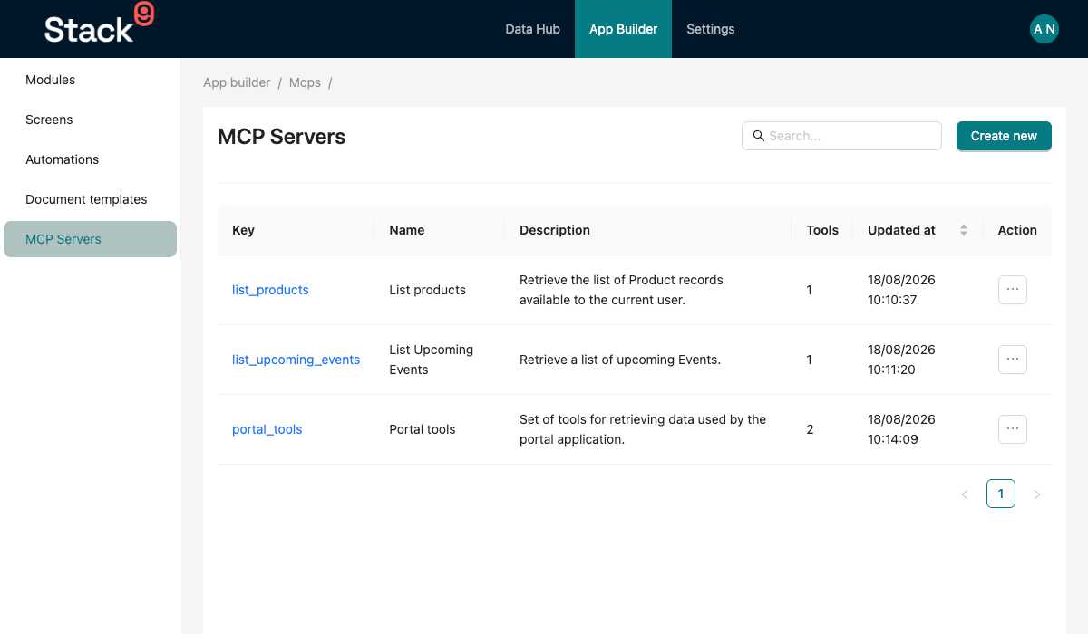 Console MCP list screen at /app-builder/mcps, showing the table of MCP servers with key, name and description columns and a Create button