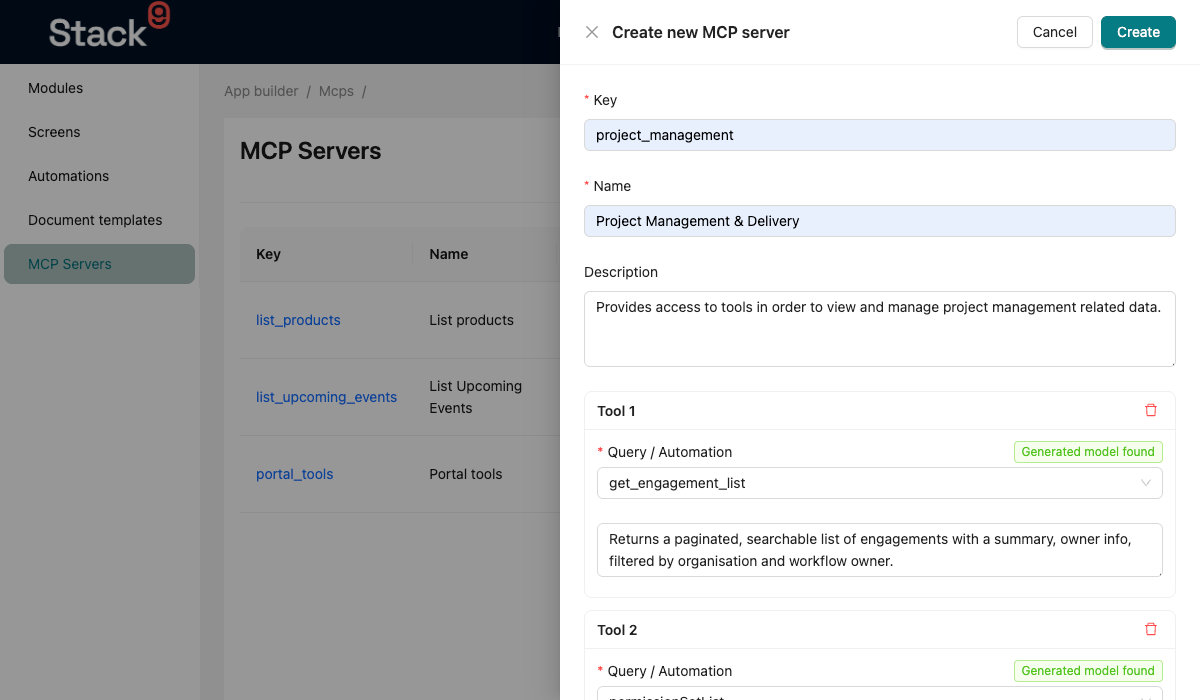 Console Create new MCP server drawer with Key, Name and Description fields filled in for my_assistant