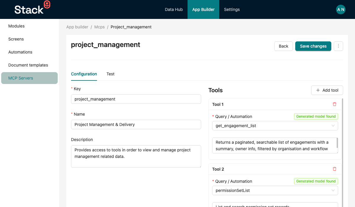 Console MCP authoring screen, Configuration tab, showing a tool card with the grouped source select open and the Queries and Webhook Automations option groups visible
