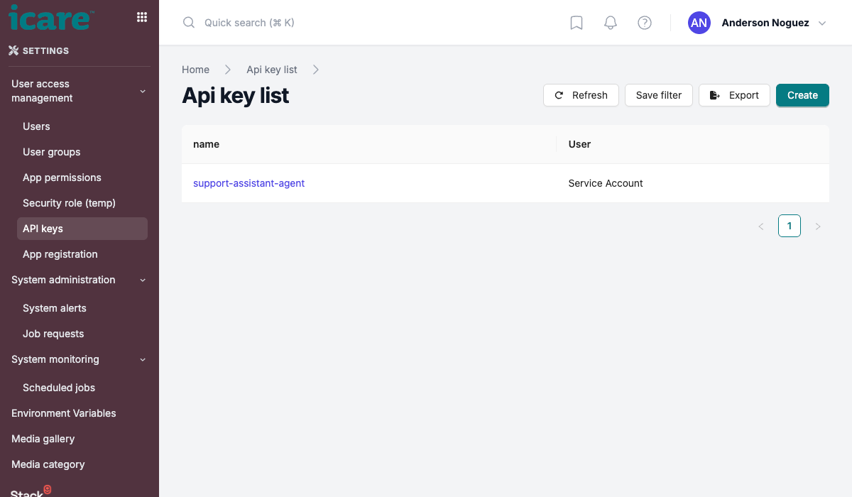 Instance settings screen showing the API Keys list with a newly created key named support-assistant-agent and its associated user