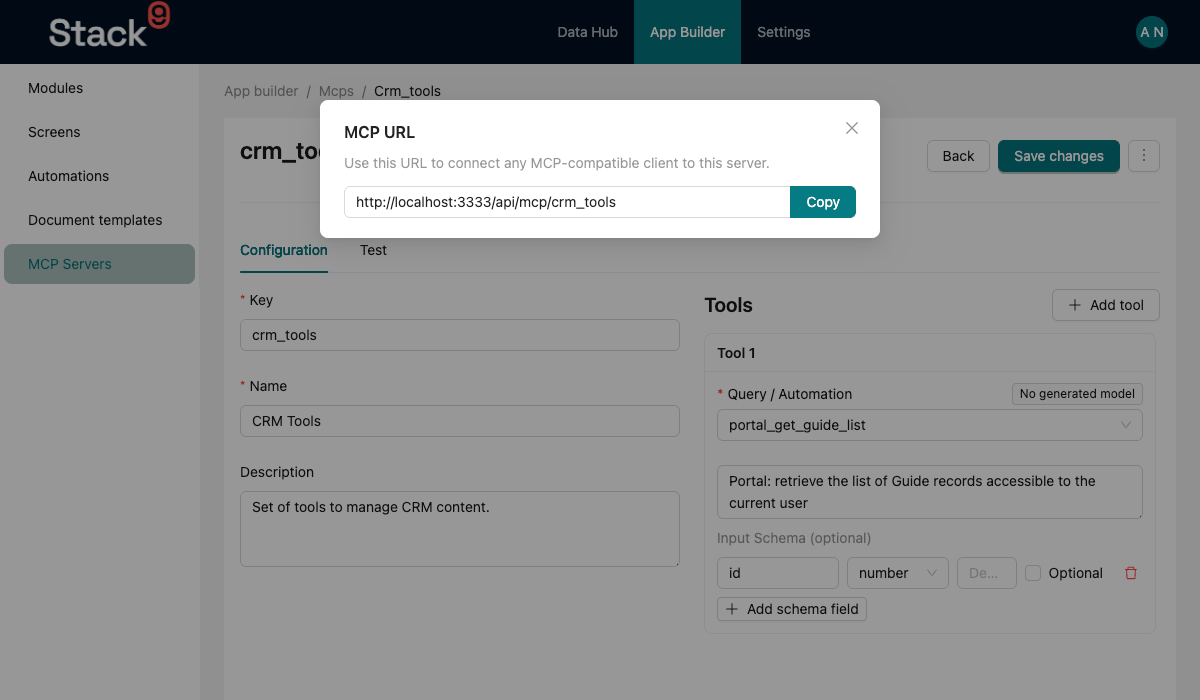 Console MCP detail page with the actions dropdown open showing Get MCP URL, and the MCP URL modal displaying the full endpoint with a copy button