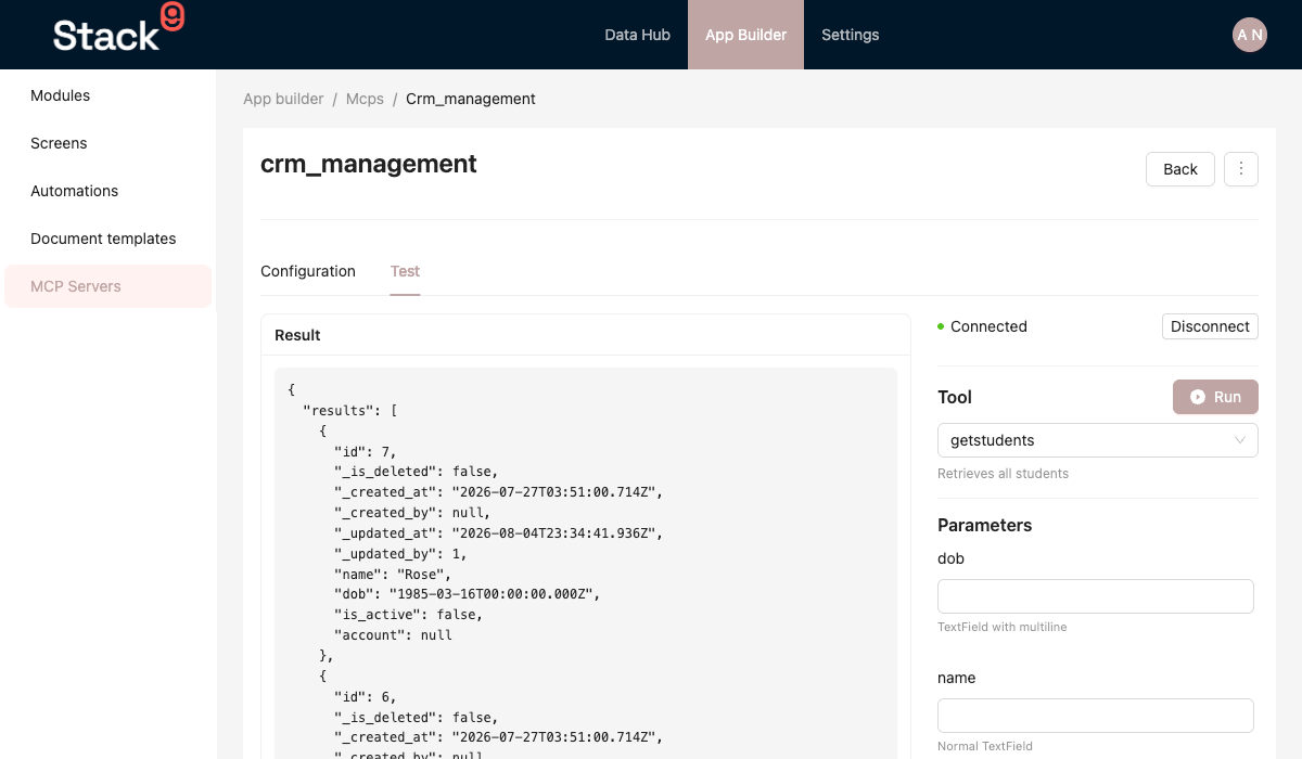 Console MCP detail page Test tab showing the connected tool list, a parameter form for the getstudents tool, and the JSON result panel