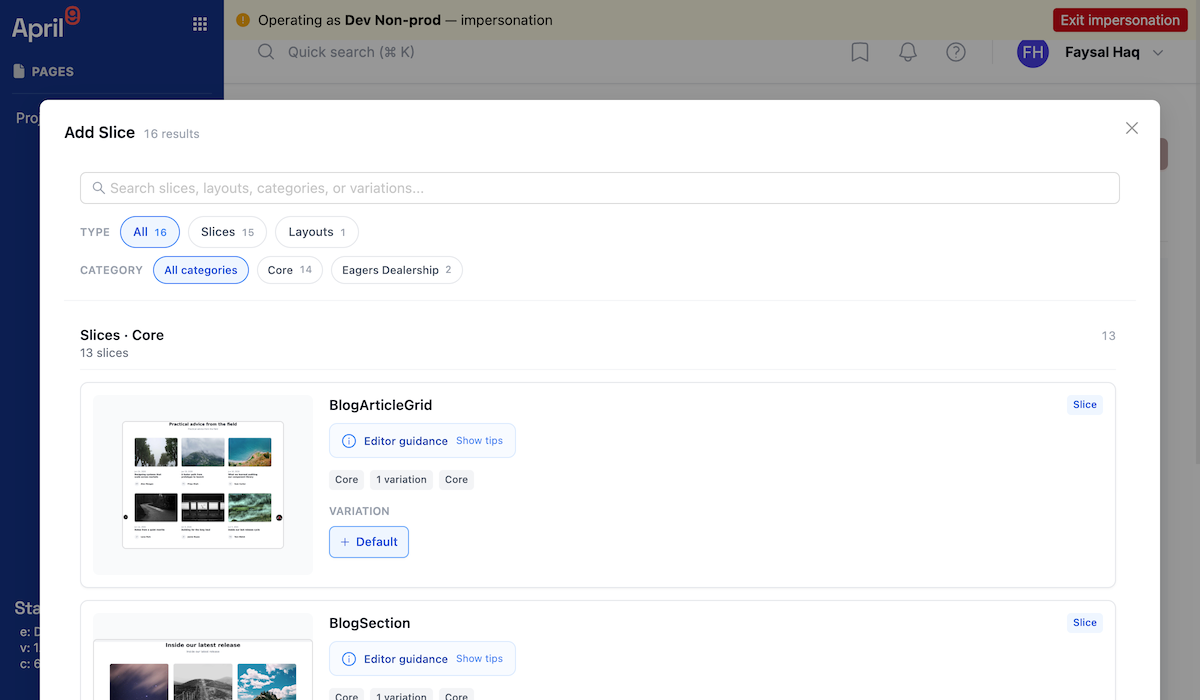 Screenshot of the Add Slice picker modal, showing facet filters for kind/category/tags/status/origin down the left side and a grid of slice screenshots on the right
