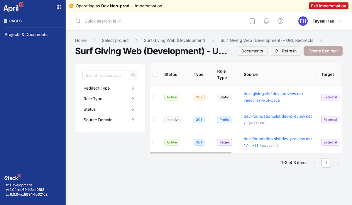 Screenshot of the Redirects list screen for a Pages project, showing source path, target URL, rule type badge (static/prefix/regex), redirect type, and an active/inactive toggle per row