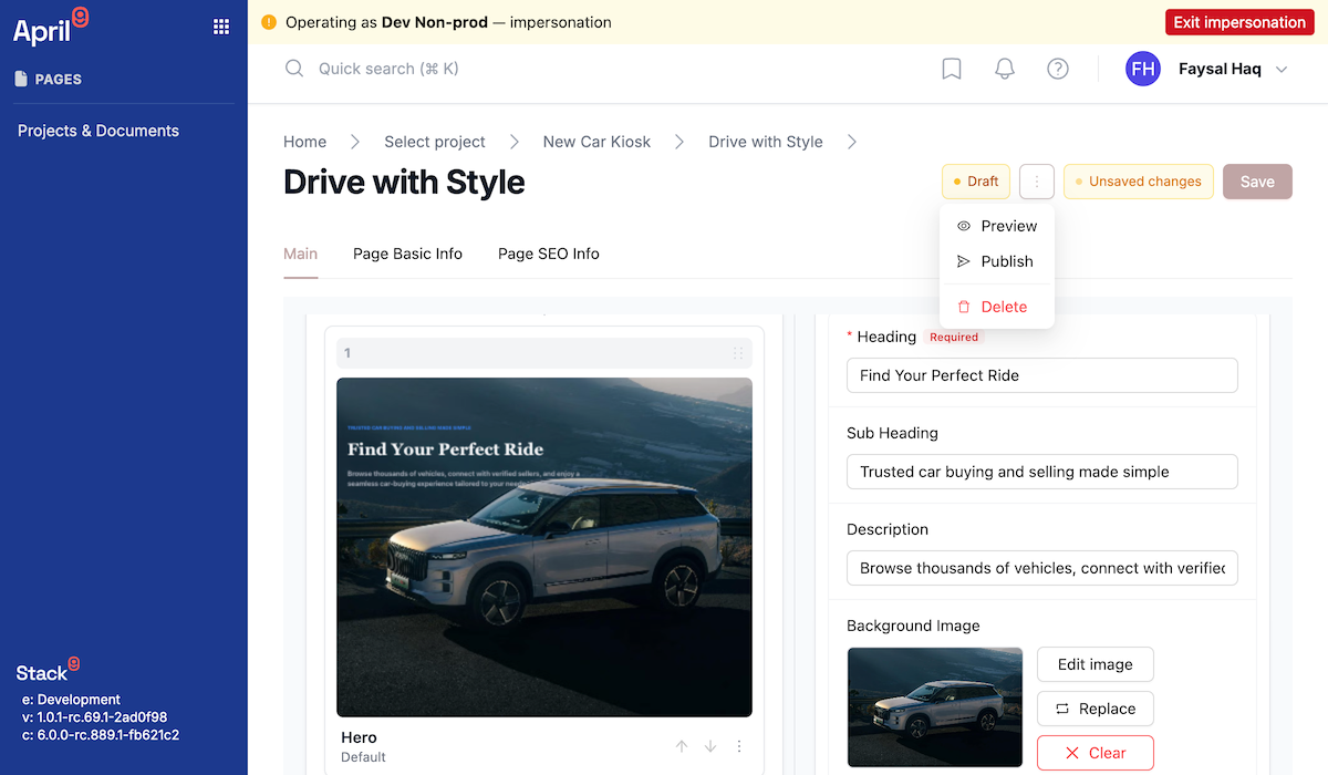 Screenshot of the Pages document editor with a live preview iframe on the right rendering the page exactly as the production site would, and a Preview page button in the toolbar