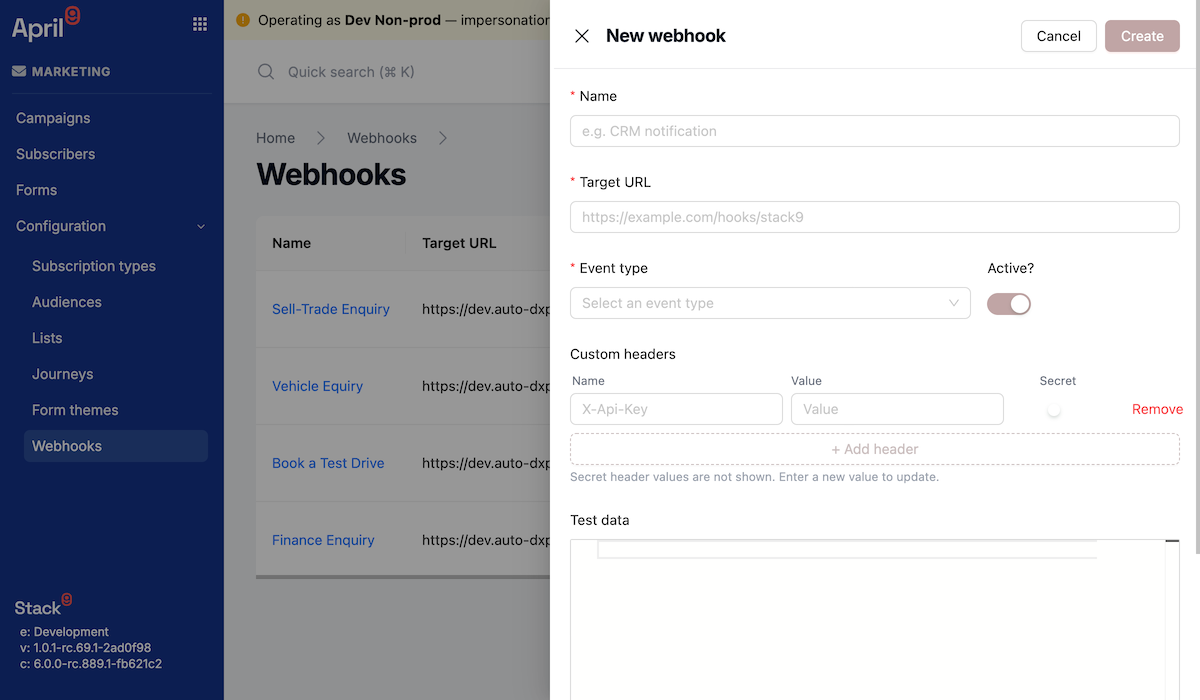 Screenshot of the webhook registration screen in the Stack9 back office, showing the Create Webhook drawer with Name, Event (form.submission + form picker), Target URL, custom Headers list with an is_secret toggle, and Active switch