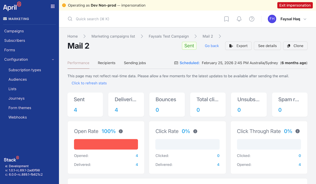 Stack9 Experience analytics dashboard for a single campaign showing reach and delivery totals, open and click rate tiles, conversion counts, and per-email performance breakdown