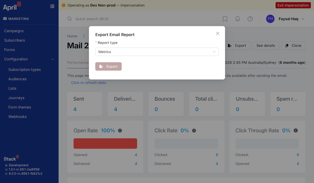 Stack9 Experience report export dialog showing report type, date range picker, segment filter, selected metrics, and the CSV export and scheduled delivery options
