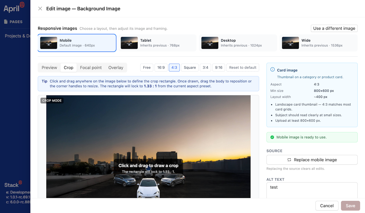 Pages image picker drawer showing a row of four breakpoint tiles labelled Mobile Tablet Desktop and Wide, the crop tool active on the desktop variant with a focal point marker, aspect ratio presets, a zoom slider, and alt text and caption fields below