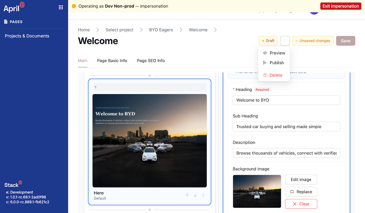 Pages document editor in split view with the field form and Slice list on the left and the live preview canvas on the right rendering the composed page through the real renderer, with a Preview page button in the header
