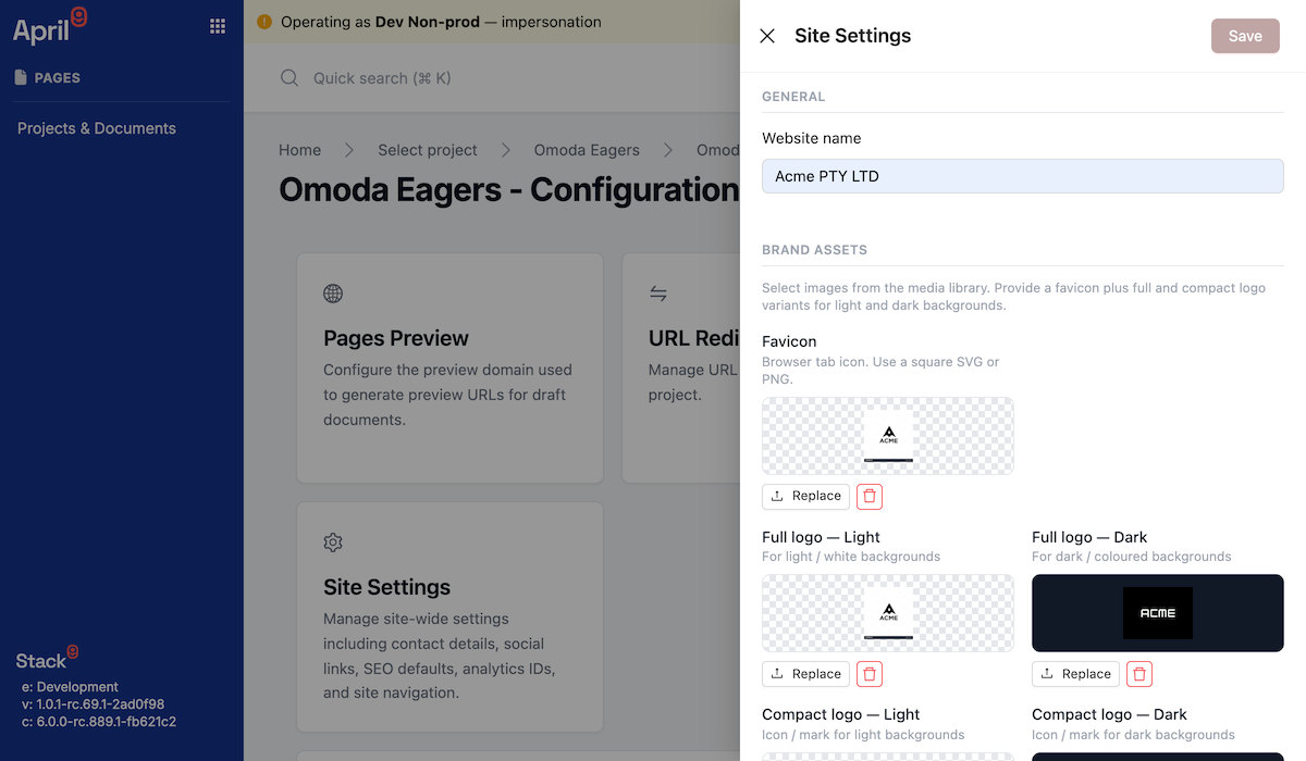 Site settings drawer with sections for General Brand Assets Typography Contact Social SEO Defaults and Analytics, showing light and dark logo previews side by side and font selectors