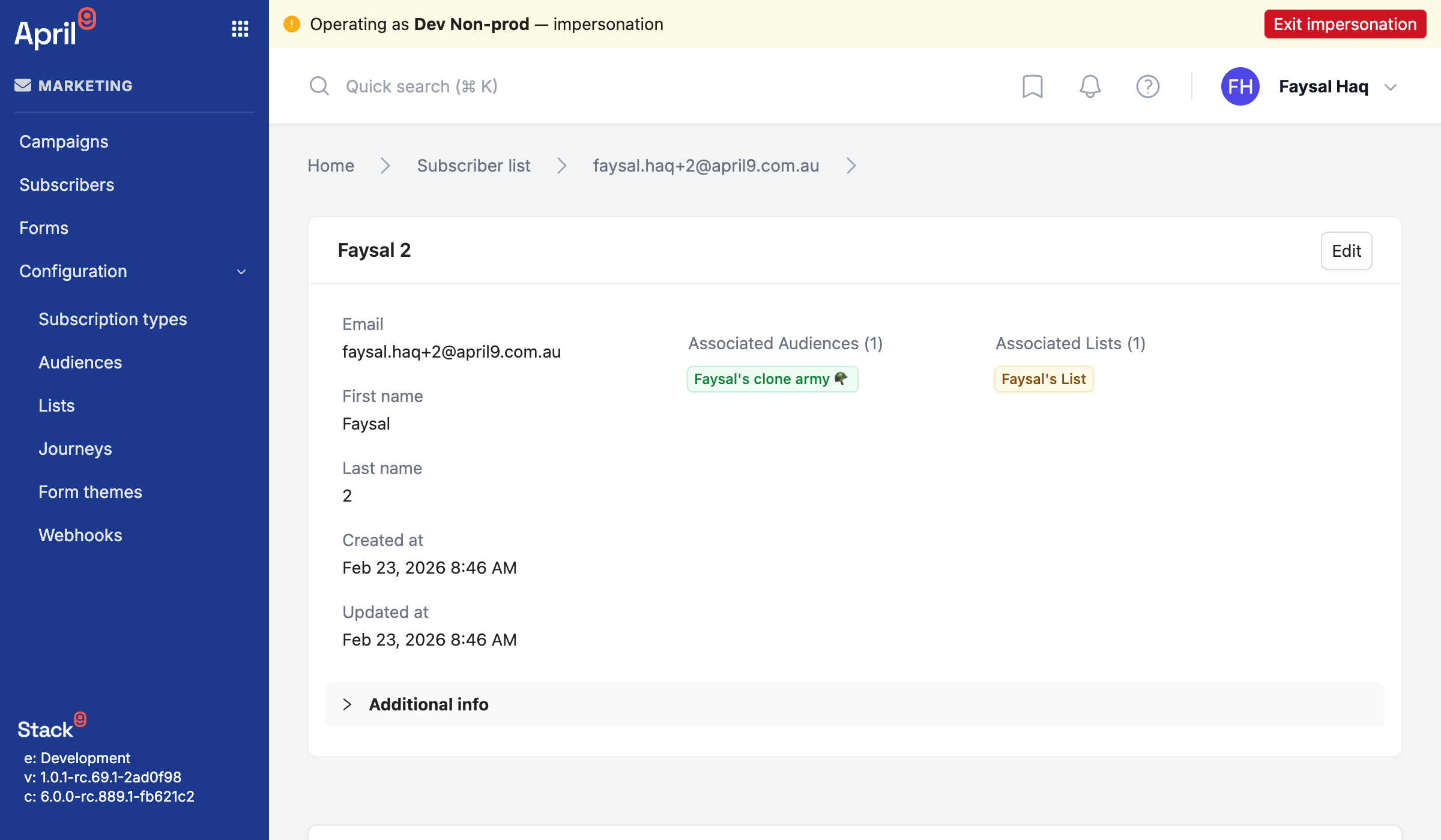 Stack9 Experience subscriber profile page showing core attributes email name and location, a custom fields panel, subscription status, and the engagement history timeline