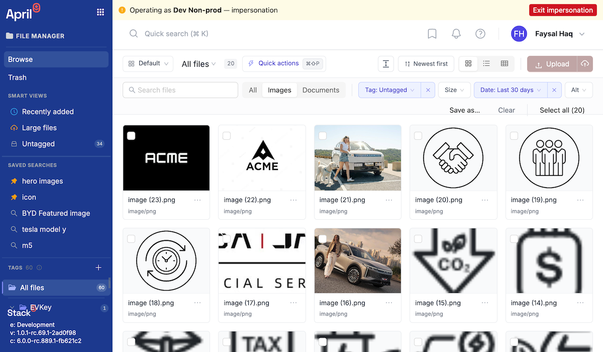 Documents Manager with the saved searches sidebar visible, several pinned smart views listed, active filter chips reading Images, Last 30 days and Untagged, and the result count displayed above the grid