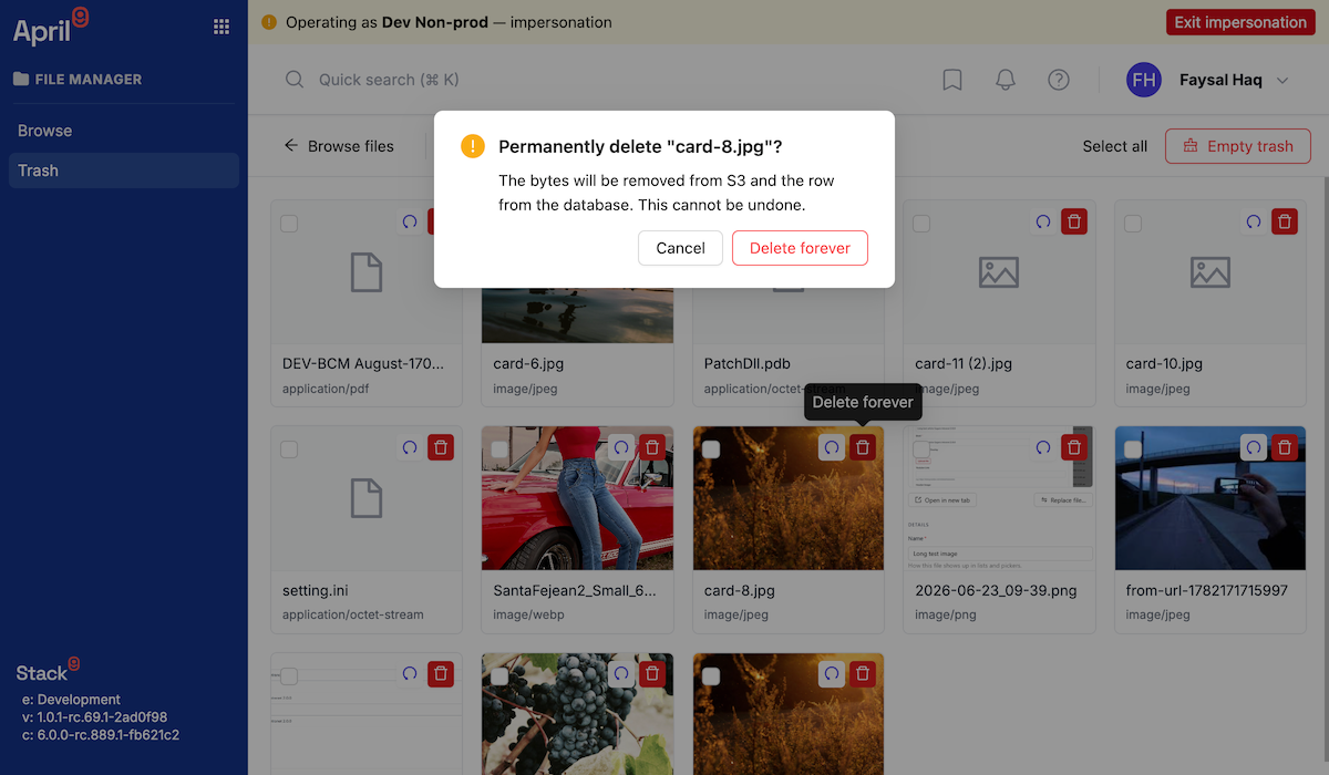 Documents Manager trash view showing deleted assets with restore and delete permanently buttons per item, an empty trash button in the header, and a confirmation dialog explaining that purge cannot be undone