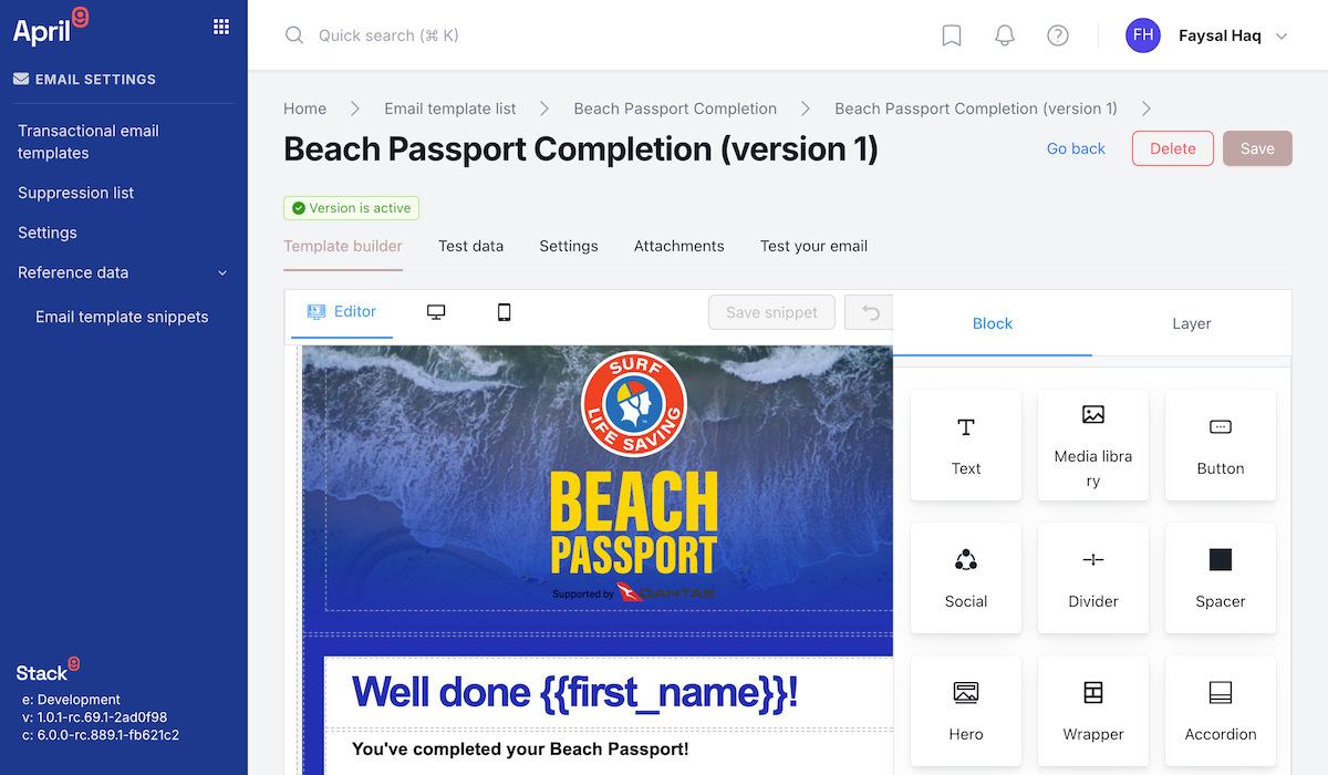 Stack9 Experience email template editor showing the HTML and text content panes, substitution data fields, the template version selector, and the rendered preview