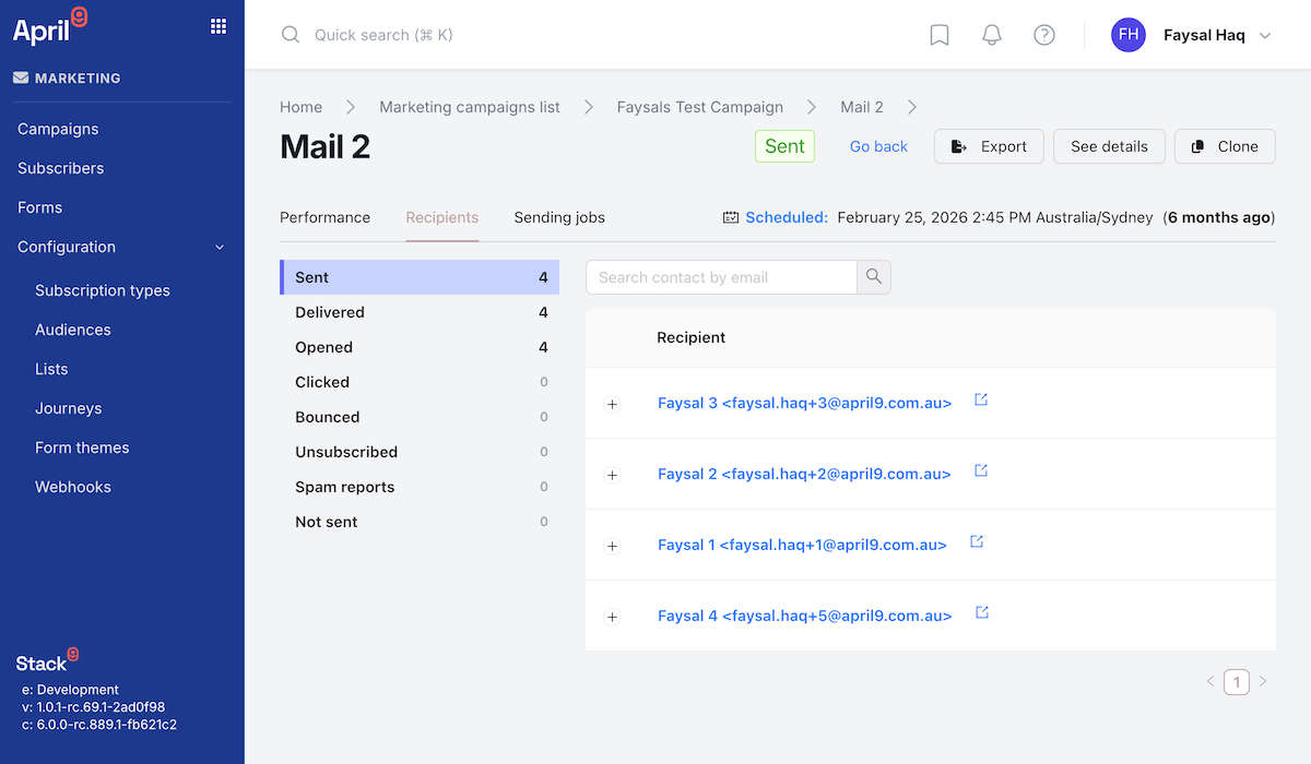 Stack9 Experience transmission log listing sent transmissions with recipient, send timestamp, delivery status, and open, click and bounce indicators per row