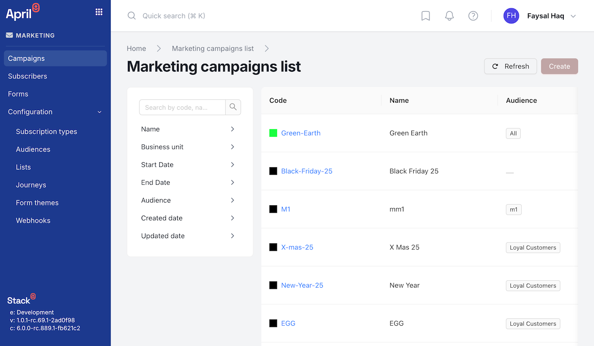 Stack9 Experience campaign dashboard listing campaigns with campaign code, colour coding, start and end dates, status, and headline engagement metrics per campaign
