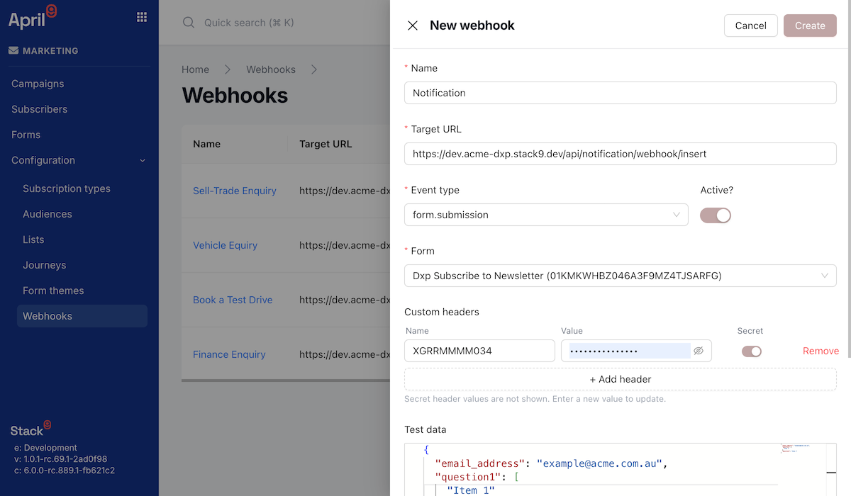 Webhook create drawer showing name field, event type select fixed to form submission, form select, target URL field, a custom headers table with an X-Api-Key row marked as secret, and an active toggle