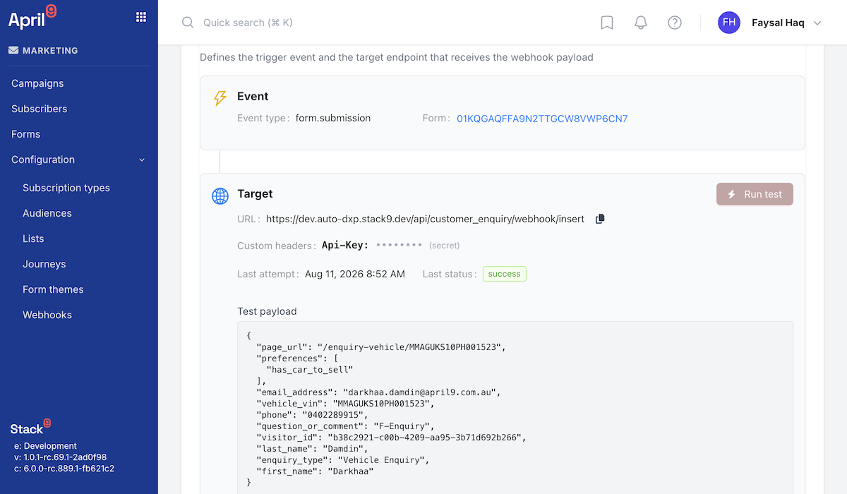 Webhook detail screen with a test panel showing the JSON test payload on the left and a success result on the right reading Success 200 in 148 milliseconds with the response body displayed