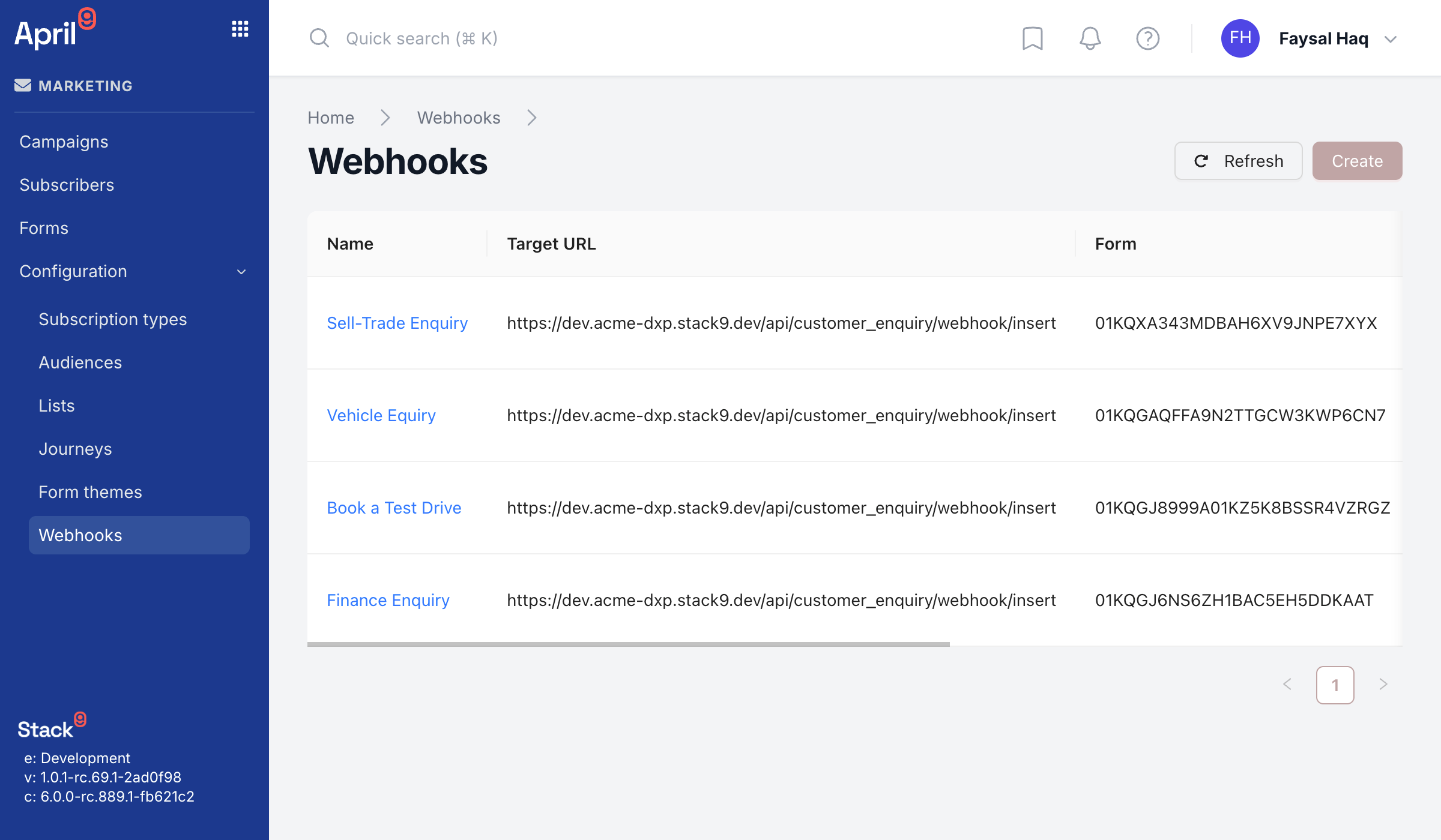 Webhooks list screen in the Stack9 Experience back office showing registered webhooks with columns for name, event, target URL, active state and last attempt status, plus a create webhook button
