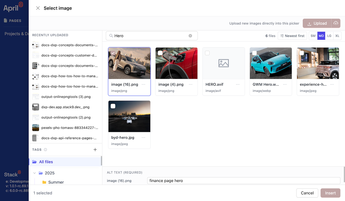 Pages image field with the Documents Manager image picker drawer open, showing the searchable file grid, the tag tree filter and a selected image with its alt text