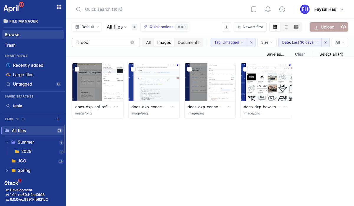 Documents Manager browse screen with several filter chips applied, such as Images, Last 30 days and Untagged, and the search box containing a query