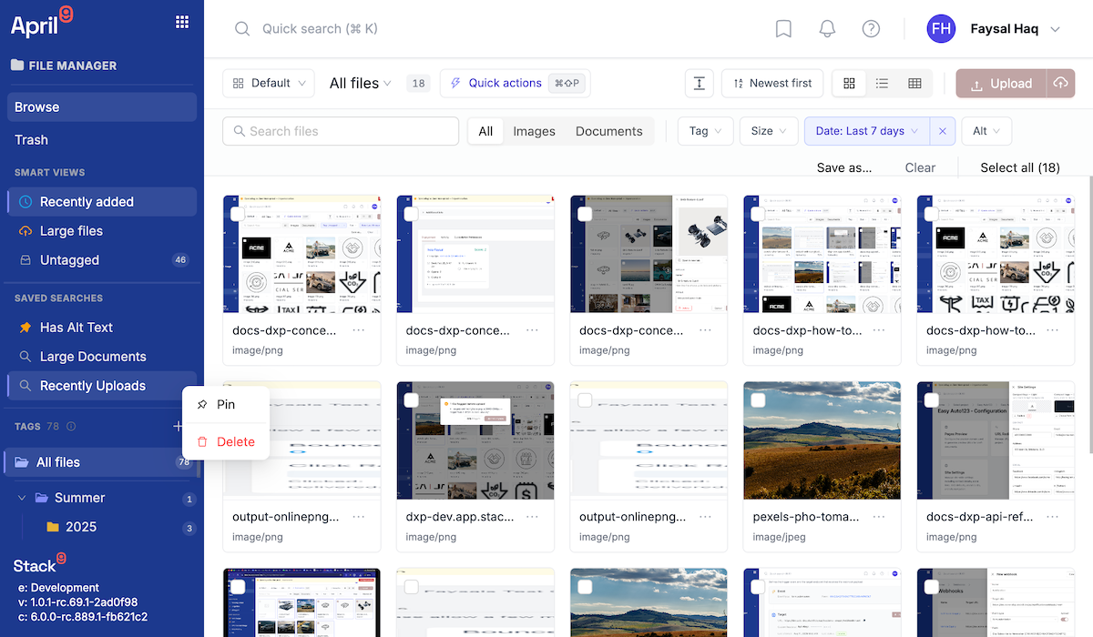 Saved searches sidebar in Documents Manager showing pinned smart views such as Missing alt text and Recent video uploads, with a create-saved-search dialog open