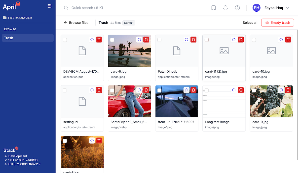 Documents Manager trash screen listing deleted files most-recent-first with restore and purge actions and an Empty Trash button