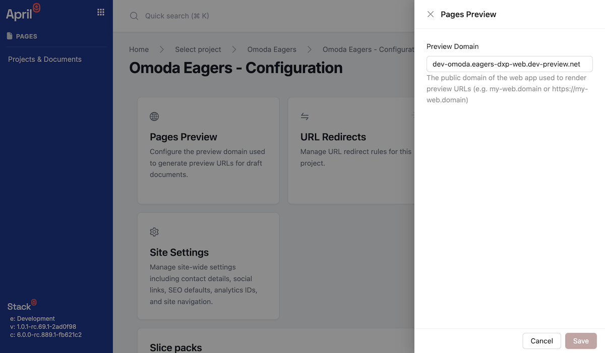 Pages preview configuration drawer with the Preview Domain field filled in with the consumer app origin and a reachability status indicator